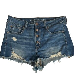 American Eagle Hi-Rise Shortie Distressed Button Up Blue Jean Short Size 8